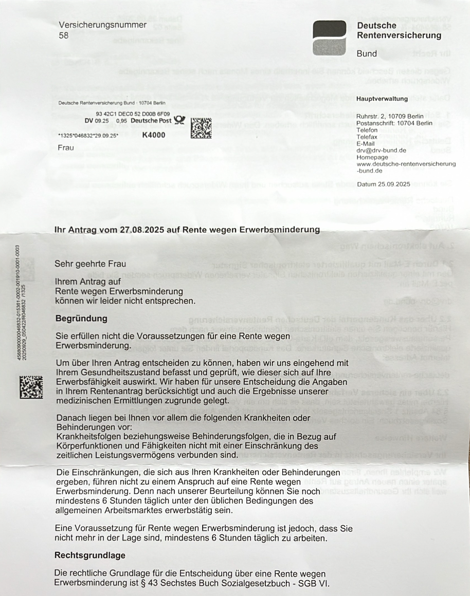 Anonymisierter Ablehnungsbescheid der Deutschen Rentenversicherung zur Erwerbsminderungsrente