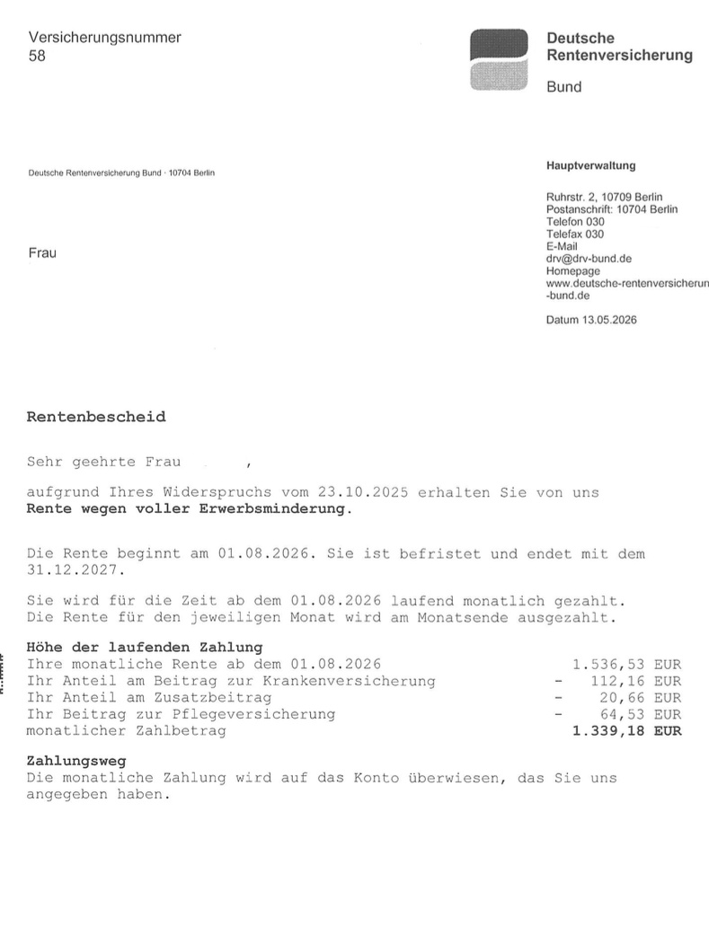 Anonymisierter Bewilligungsbescheid der Deutschen Rentenversicherung zur Rente wegen voller Erwerbsminderung